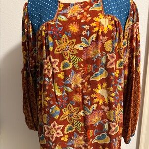 Matilda Jane Rust Floral Boho Blouse with Blue Accents
